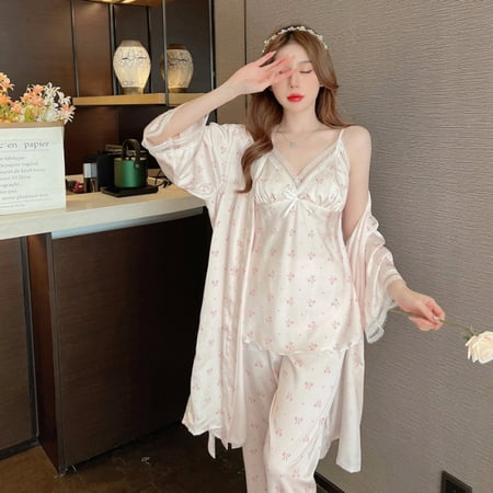 

PIKADINGNIS 3 Piece Set Spring Autumn Sexy Satin Pajamas Set Lace Leopard Silk Women SleepSet Deep Robe Sexy Homewear Women Pajama Trousers