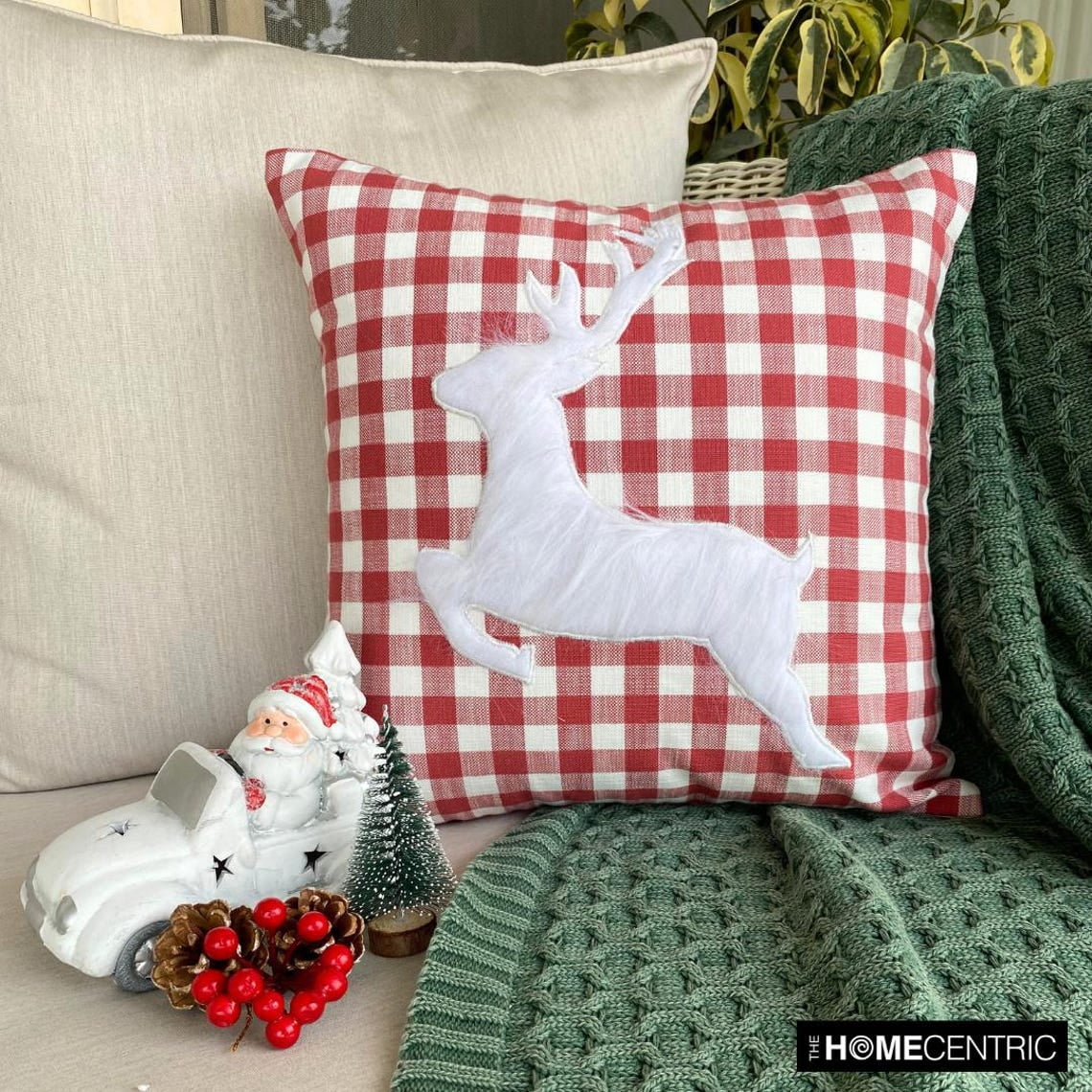 Holiday Throw Pillow cover, 26"x26" Red Cotton Pillow Cover, Country & Farmhouse Checkered Christmas Check Pillow Cover For Sofa Couch, Hotels, living Room, Bed Room - Furry Antlers