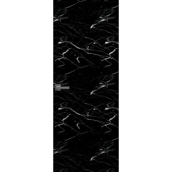 Invisible Solid Hidden Door with Handle | Planum 0010 Nero Marquina with Silver Hidden Frame 24" x 80" Left-hand Inswing Silver Frame | Concealed Hinges Lock Handle | Modern Frameless Doors
