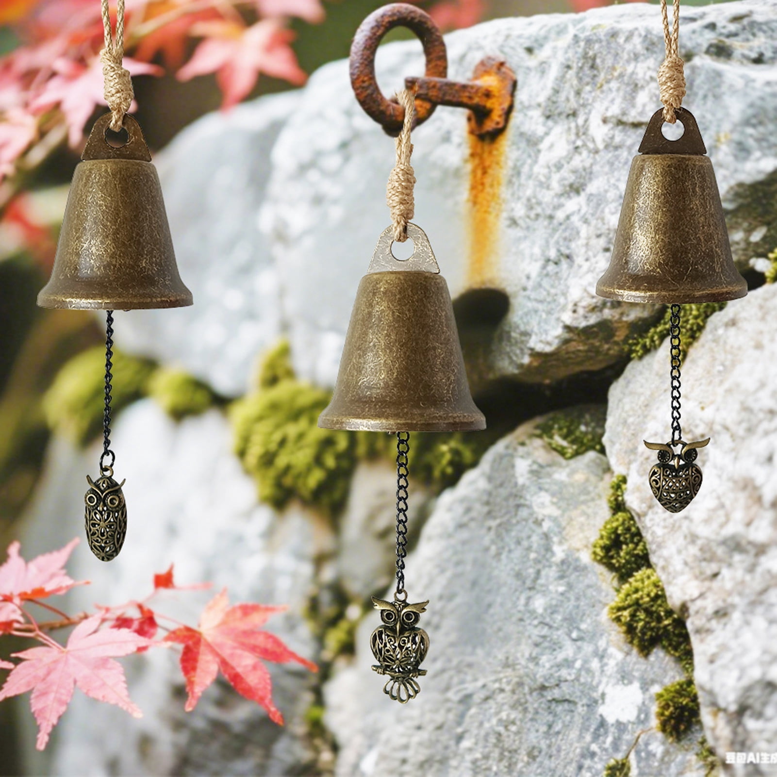 OIUR Vintage Hanging Bell Rustic Metal Wind Chime Retro Hanging Wind Bell with Owl or Leaf Pendant for Home Entrance Farmhouse Garden Decoration