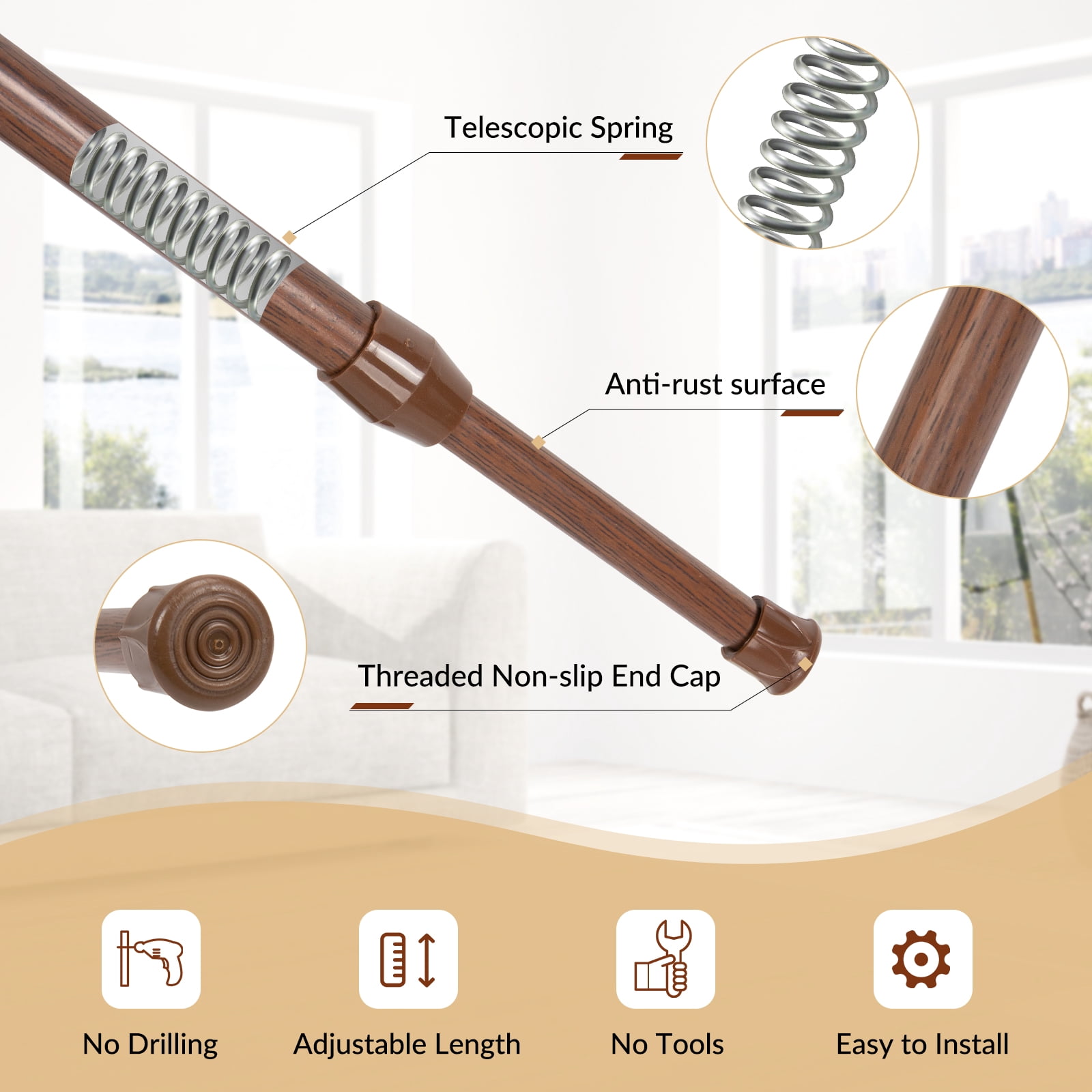 BEAMNOVA 6Pcs Tension Curtain Rod for Windows Cabinet Wardrobe Closet 28"-48" Adjustable, 1/2" Diameter, Brown