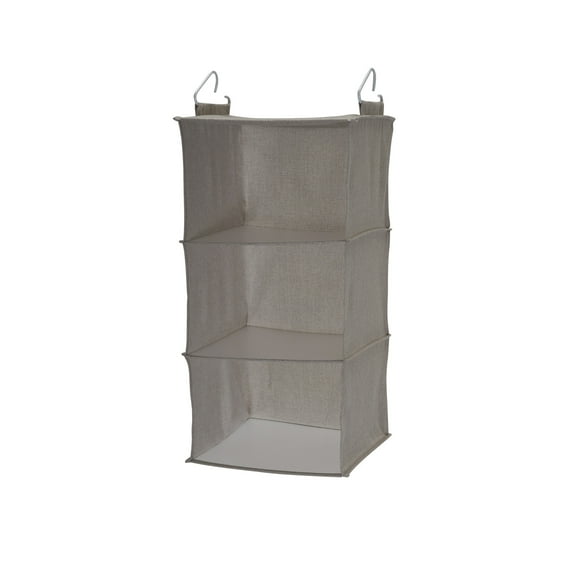 Household Essentials 3 Shelf Hanging Closet Organizer, Hanging Shelf with Hooks, Poly Linen and PEVA Shelving