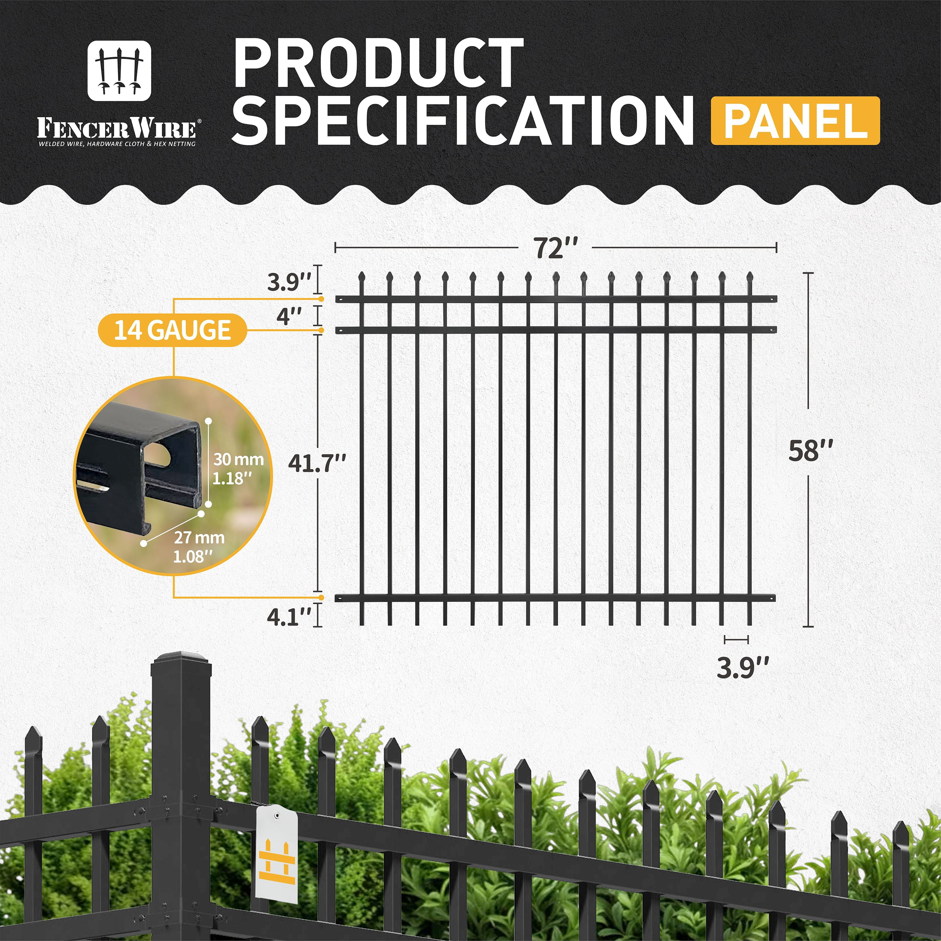 CAPHAUS Heavy Duty Pinnacle Fence Barrier Panel, 5FT Height X 6FT Width Anti-Rust Metal Fencing Panel, 2” Diameter Steel Outdoor Decorative Garden Fence Panel for Yard, Pool, Patio, Single Panel