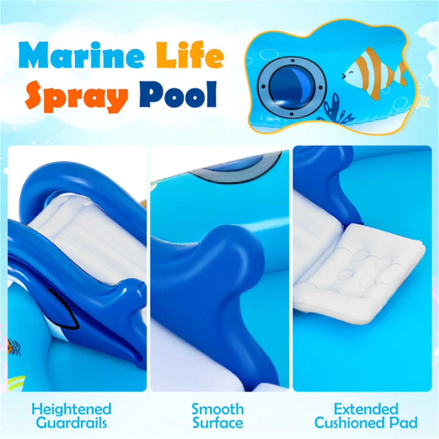 74 " Inflatable Marine Spray Pool with Shark Slide & Lighthouse Sprinkler, Kids Water Play Center for Backyard