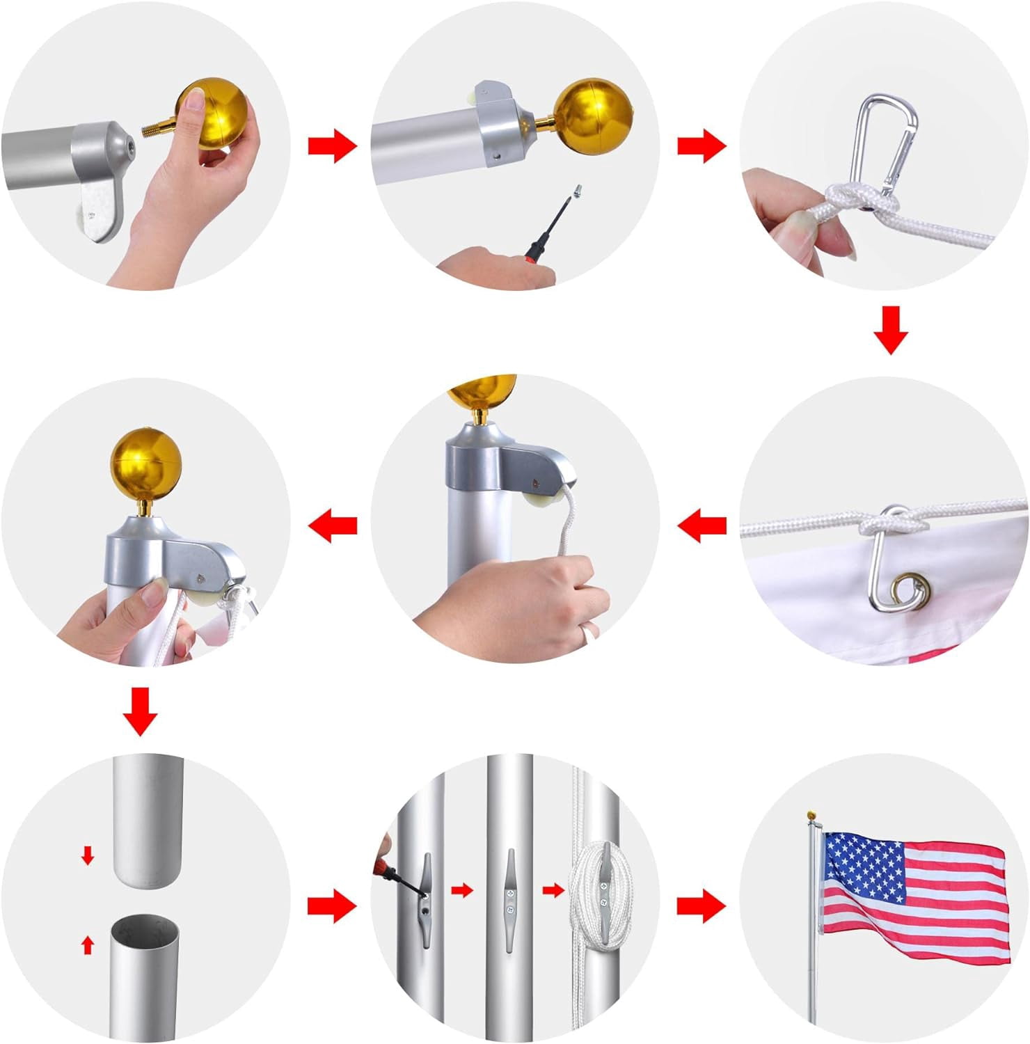 DEALTOPS Upgraded 20ft Aluminum Sectional Flagpole Kit 3'x5' US American Flag Gold Ball Kit Hardware for Outdoor Residential Yard Commercial