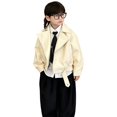 thumbnail image 2 of GiLiling Kids Faux Leather Biker Jacket Moto Style Coat Boys Girls Motorcycle Fall Winter Jacket Zipper Front Cozy Lining Outwear (Beige, 5-6 Years), 2 of 5