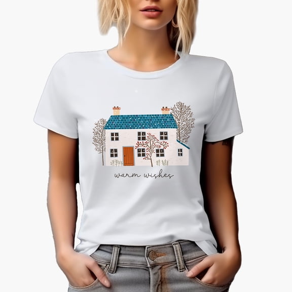 Warm Wishes with a Hand Drawn House in Winter or Christmas Season Art Merch Gift, White T-Shirt, Small