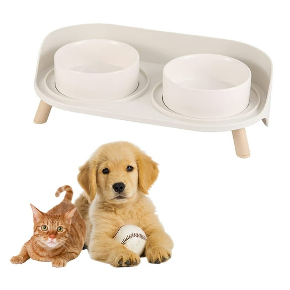 Cat Food Water Bowl Set - Raised Cat Bowls with Non Slip Stand - Elevated Puppy Bowls - Double Ceramic Cat Feeding Bowls - 2 x 480 ML - 16.23 OZ - White