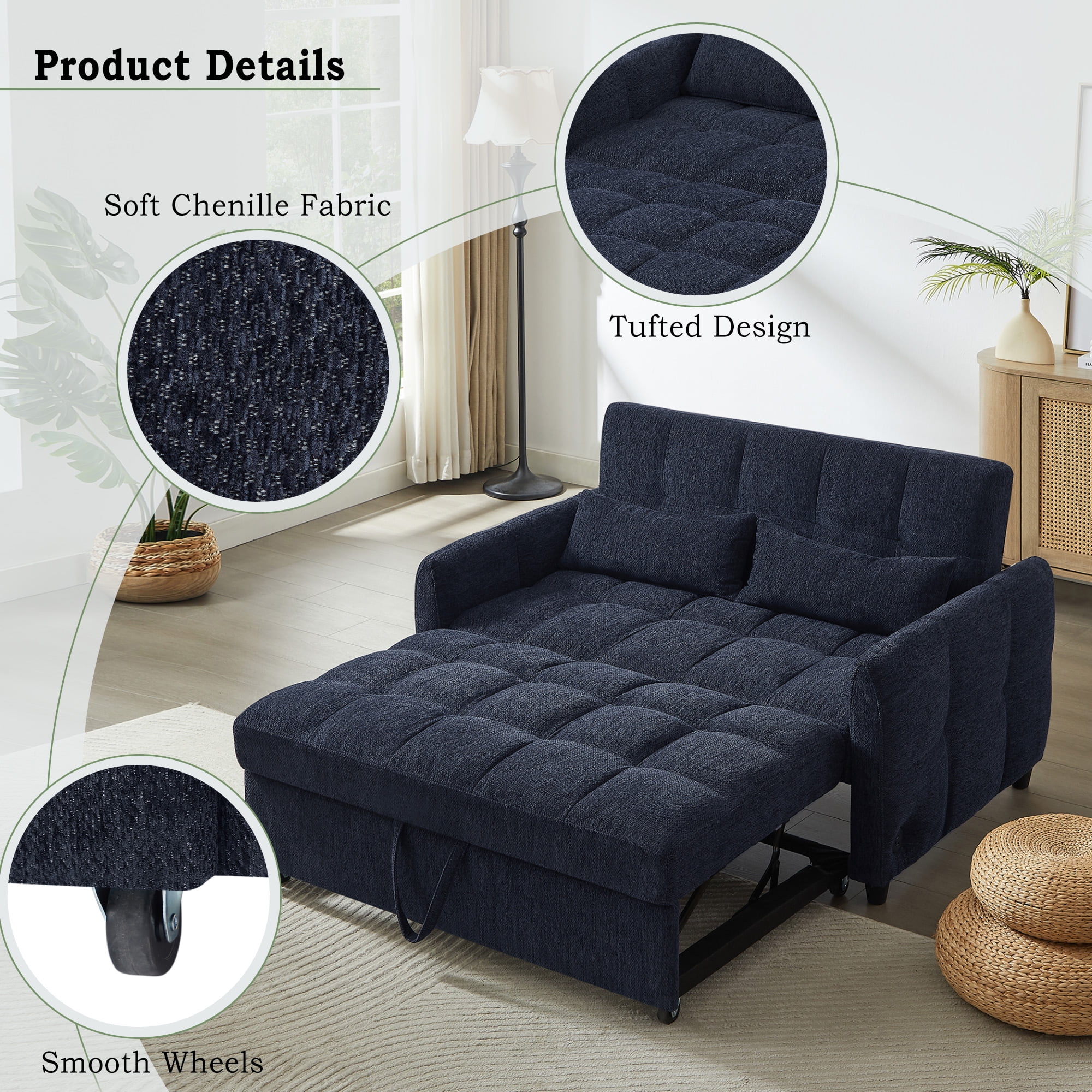 Euroco 52.8" Loveseat Sofa Pull-out Sofa Bed Tufted Sleeper Sofa with an Adjustable Backrest, Three USB Ports and Two Lumbar Pillows for Living Room, Blue