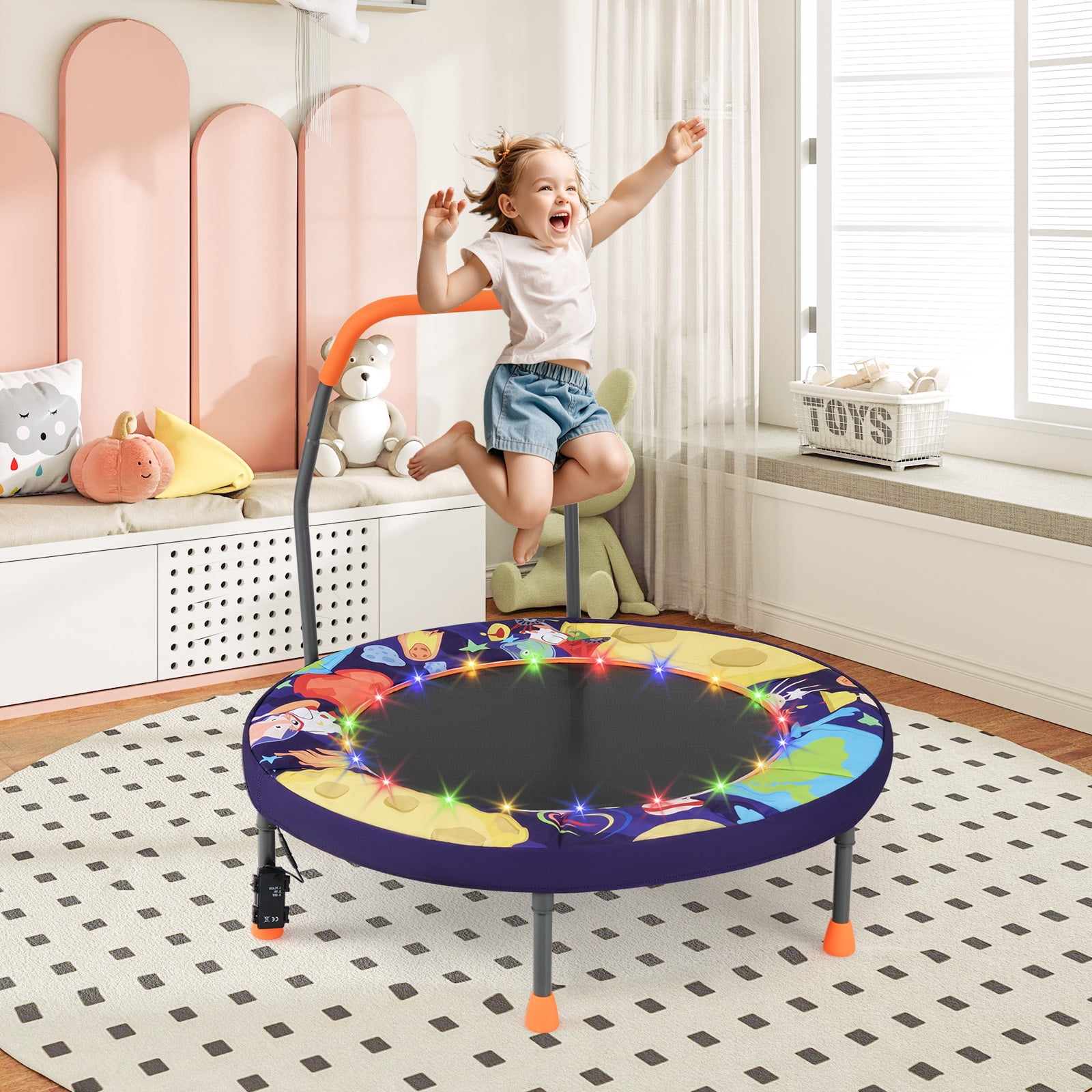 Gymax 36'' Foldable Kid Trampoline w/ 20 LED Lights Foam Handlebar Padded Safety Cover Purple