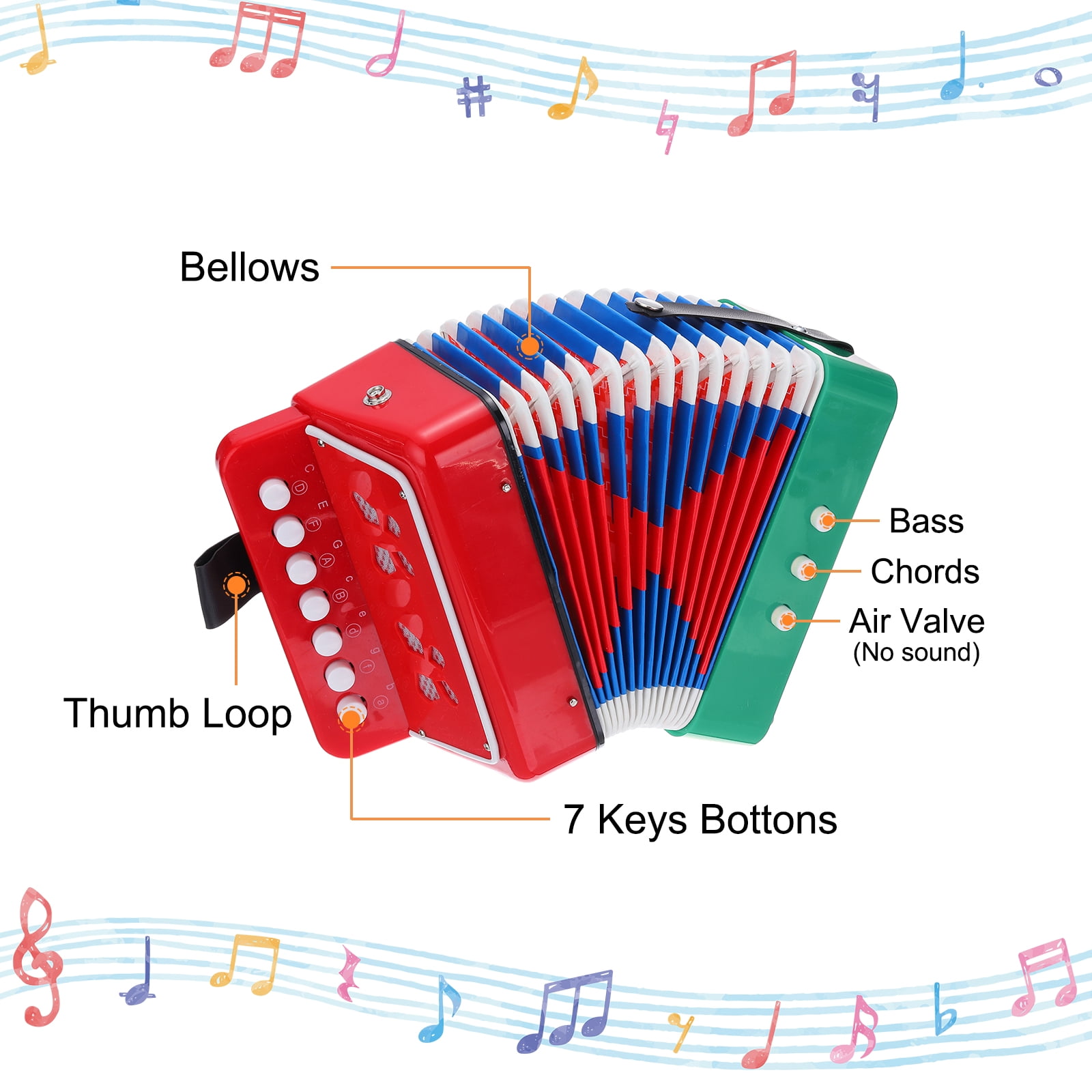 Uxcell Accordion 10 Keys Button Accordion Mini Musical Instrument Gifts for Children Beginners Educational, Red Green