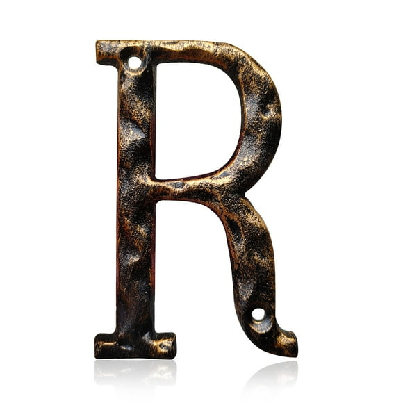 5.5 Inch House Numbers & Letters, Highly Visible Cast Iron Metal Home Address Number for Street Office Mailbox, Antique Brass (Letter R)