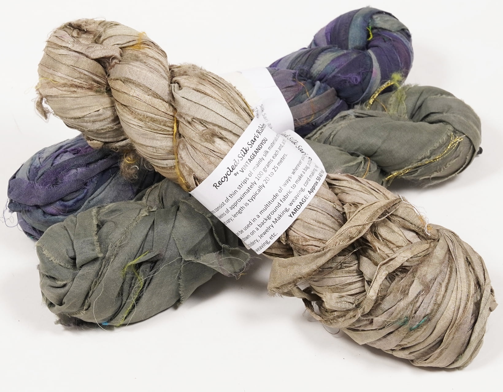Vintageandyou Recycled Sari Silk Ribbon Yarn - 300g Pack of 3 | Handcut Upcycled Silk Strips for Crochet, Weaving, Macram, Knitting, Rug Making, Fiber Arts | Gray