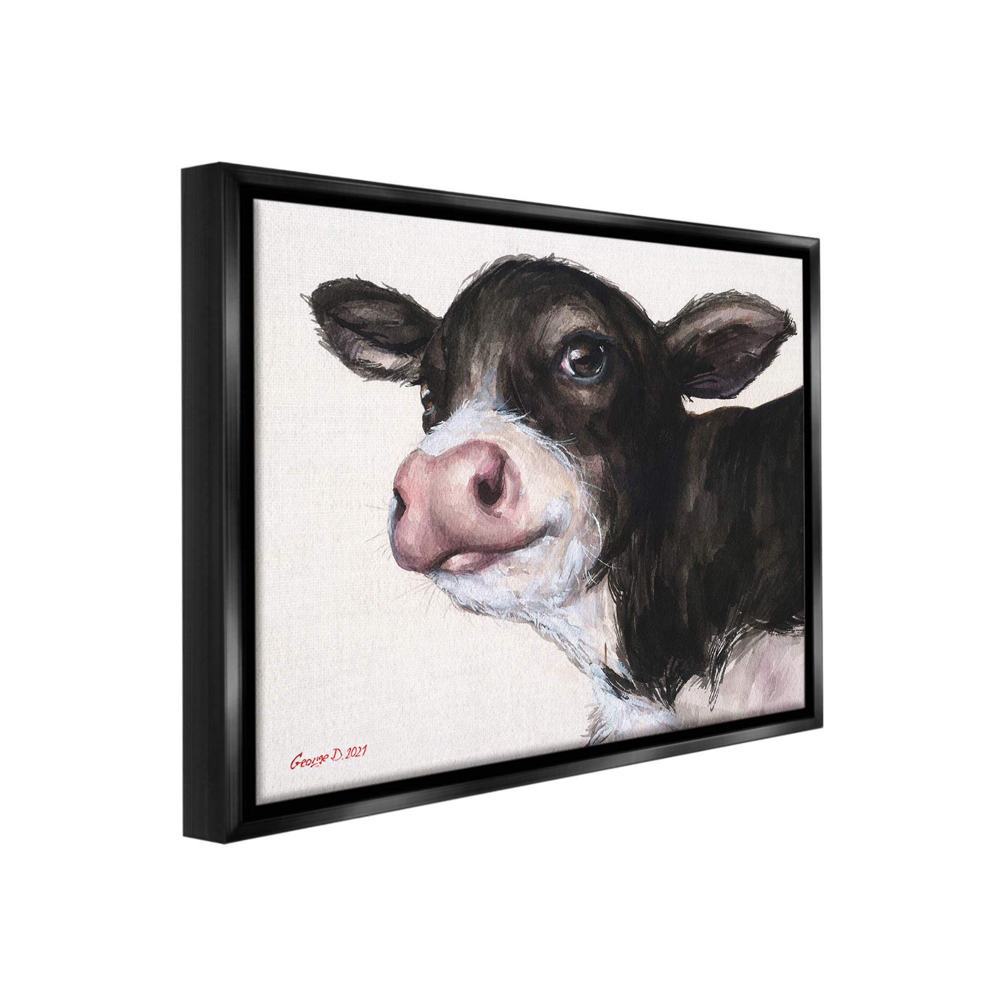 Stupell Industries Cow Calf Minimal Painting Animals & Insects Painting Black Floater Framed Canvas Art Print Wall Art, 31 x 25
