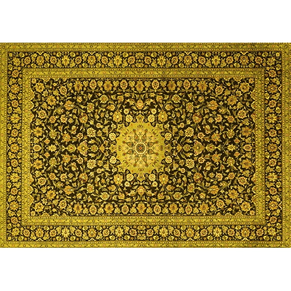 Ahgly Company Machine Washable Indoor Rectangle Medallion Yellow Traditional Area Rugs, 4' x 6'