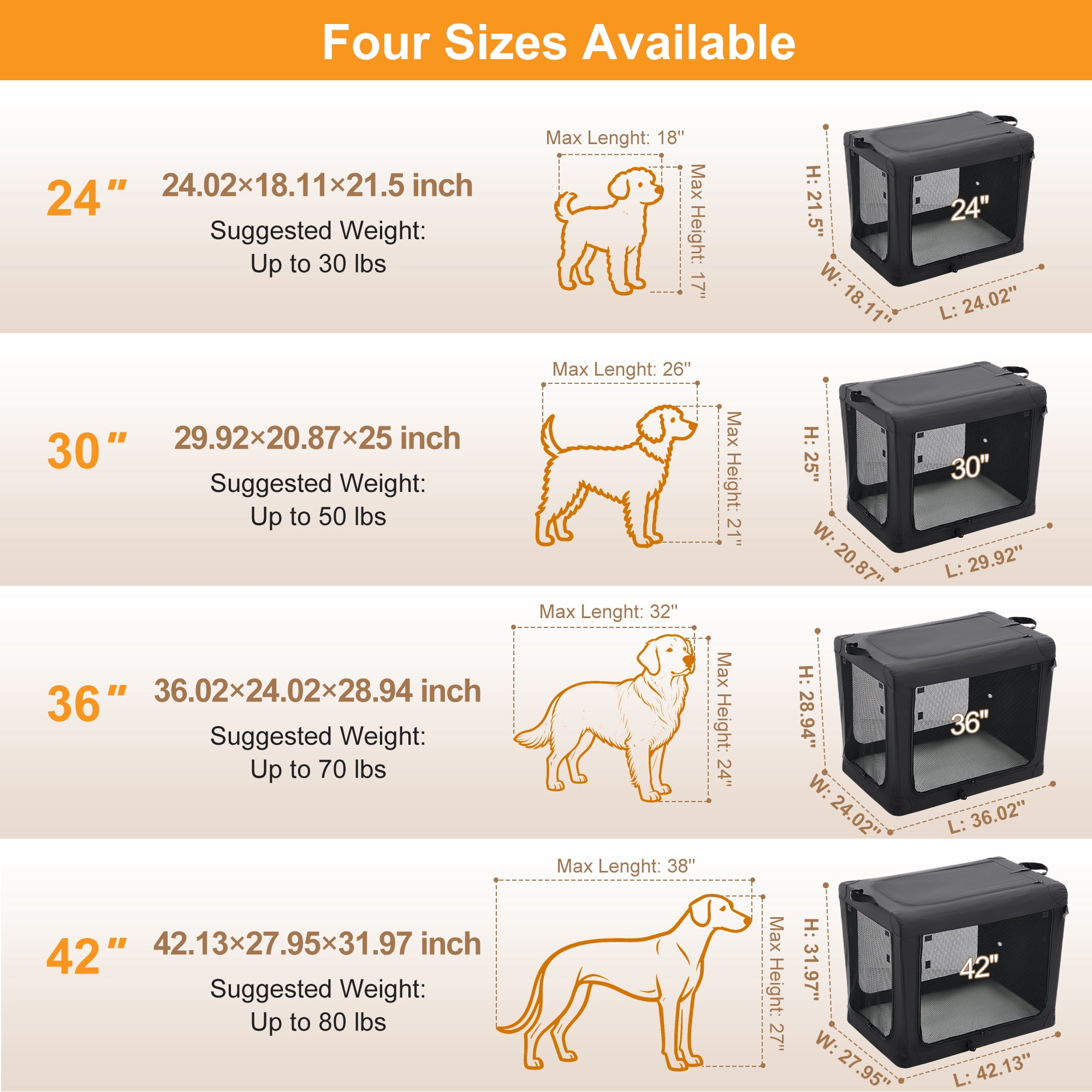 Sweetcrispy Portable Soft-Sided Dog Crate, Folding Travel Kennel with 3 Doors & Storage Pocket, Lightweight Oxford Fabric, Black, 30 lb Limit