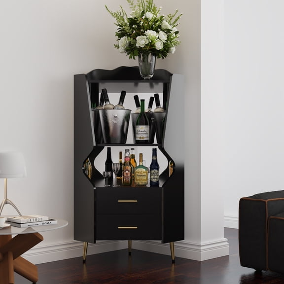 Toauuo Wooden Corner Bar Cabinet - 2 Open Storage Shelves & 2 Drawers, Mirrored Back Sideboard with High Legs for Easy Cleaning, Buffet Cabinet