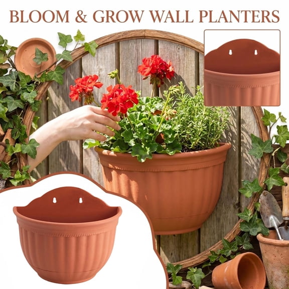 8.66" Terracotta Wall Hanging Planter with Drainage Holes, Semicircular Ribbed Flower Pot for Vertical Garden, Durable Resin