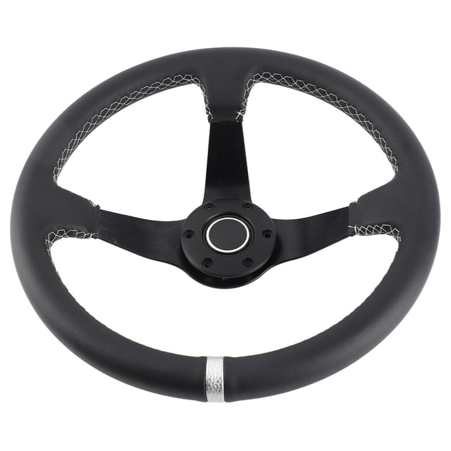 Accessory 350mm/14in 6 Bolts Deep Dish Black Leather Racing Steering Wheel W/ Horn