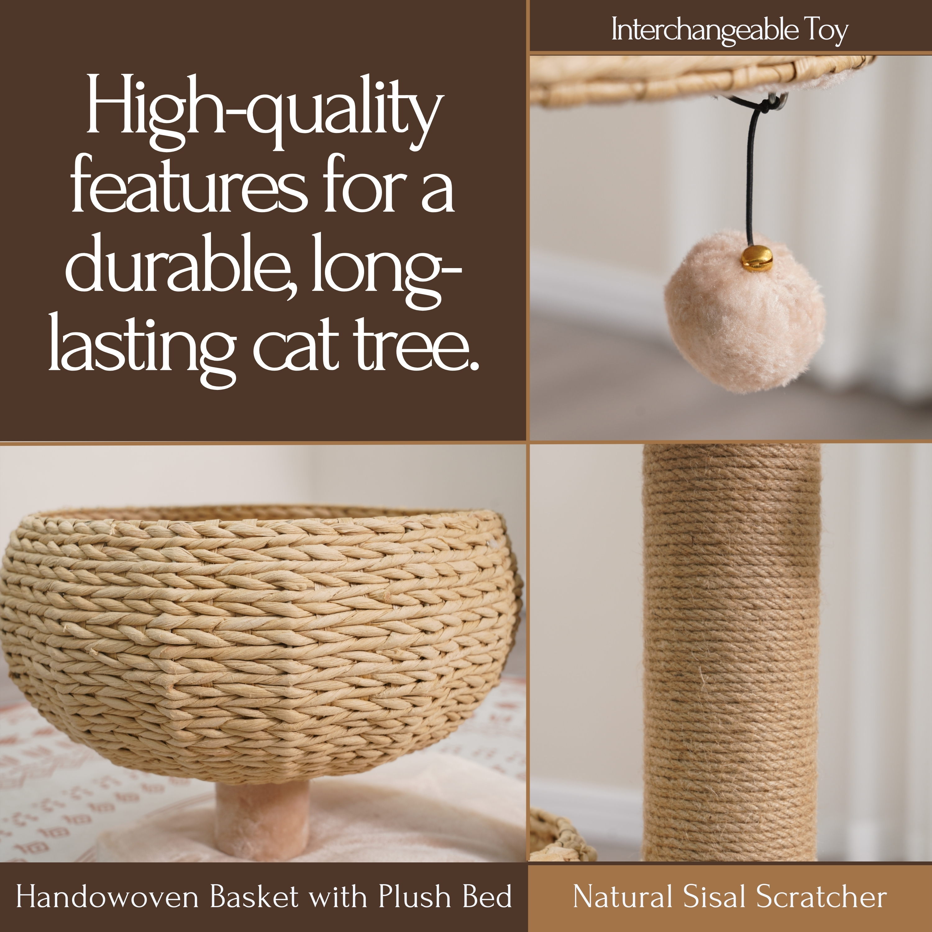 PetPals 29"H 2-Lvl Cat Tree with Handwoven Basket Beds, Sisal Scratching Post, Washable Cushion