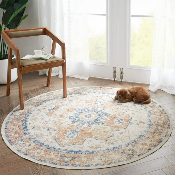 Alfombra de Área Jinchan Redonda 150 cm Lavable Vintage Naranja