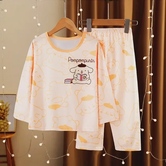 Conjunto de pijama con estampado de Sanrios Kuromi Hellokittys para niños y niñas, ropa Kawaii de manga larga con cuello redondo para el hogar, bonito camisón para niños