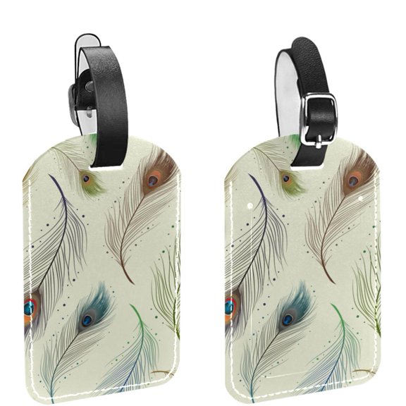 Square 2Pack PU Leather Elegant Peacock Feather Cruise Luggage Tag with Privacy Cover and Name ID Tag for Travel Handbags Backpacks Luggage Tags