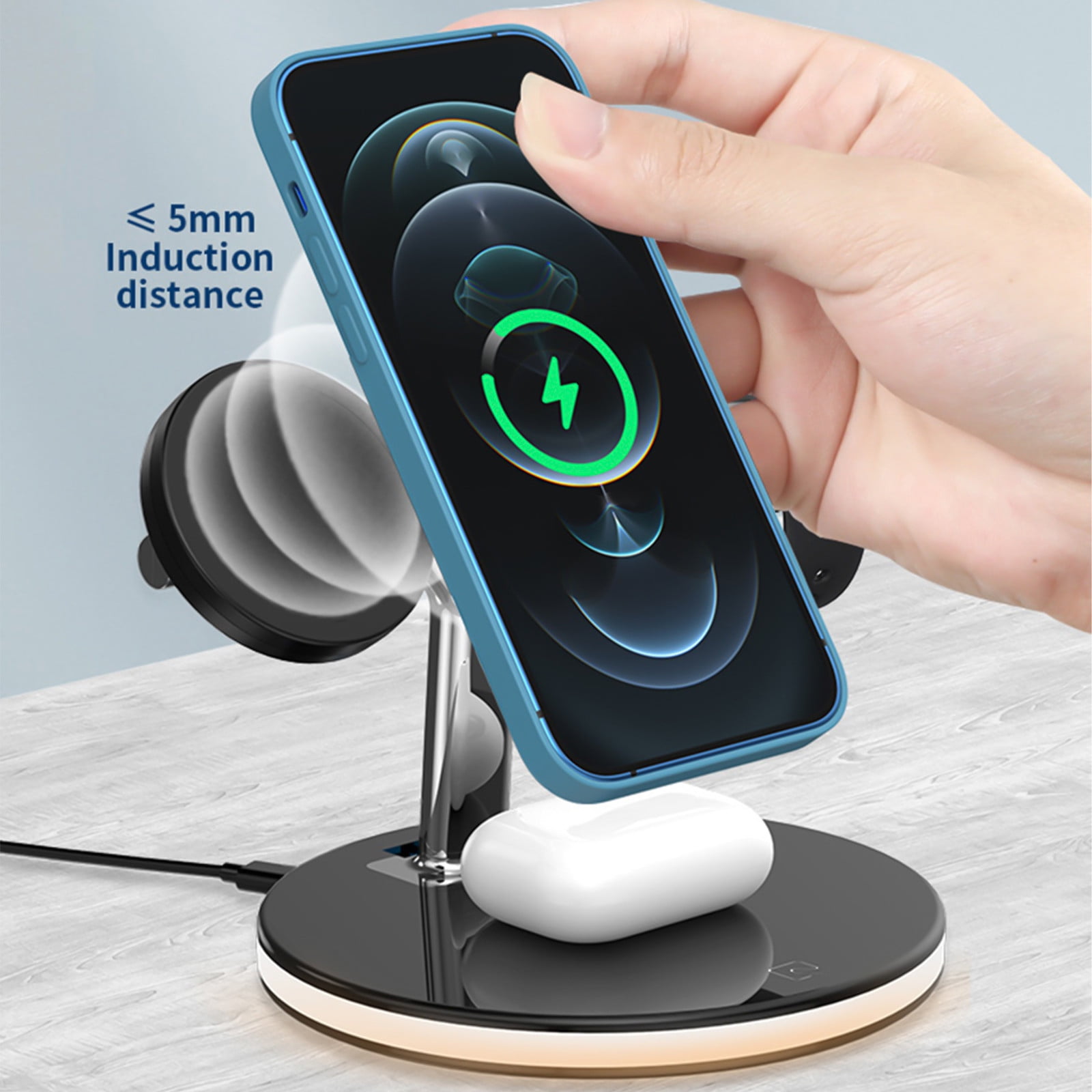 ​3-in-1 Magnetic Wireless Charging Station with LED Night Light - 15W Fast Charger for iPhone/Samsung - Foldable Stand for Phone, Watch & Earbuds (5.5", 9V/12V Adapter Not Included)​​ Black