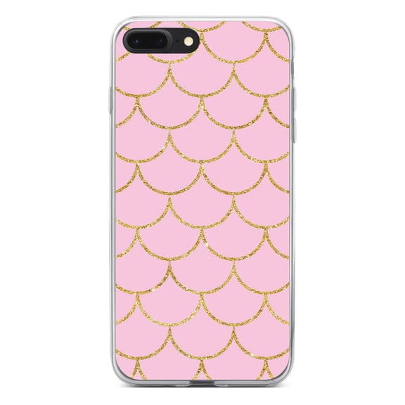 DistinctInk Clear Shockproof Hybrid Case for iPhone 7 PLUS / 8 PLUS (5.5" Screen) - TPU Bumper, Acrylic Back, Tempered Glass Screen Protector - Pink & Gold Print - Scalloped Pattern