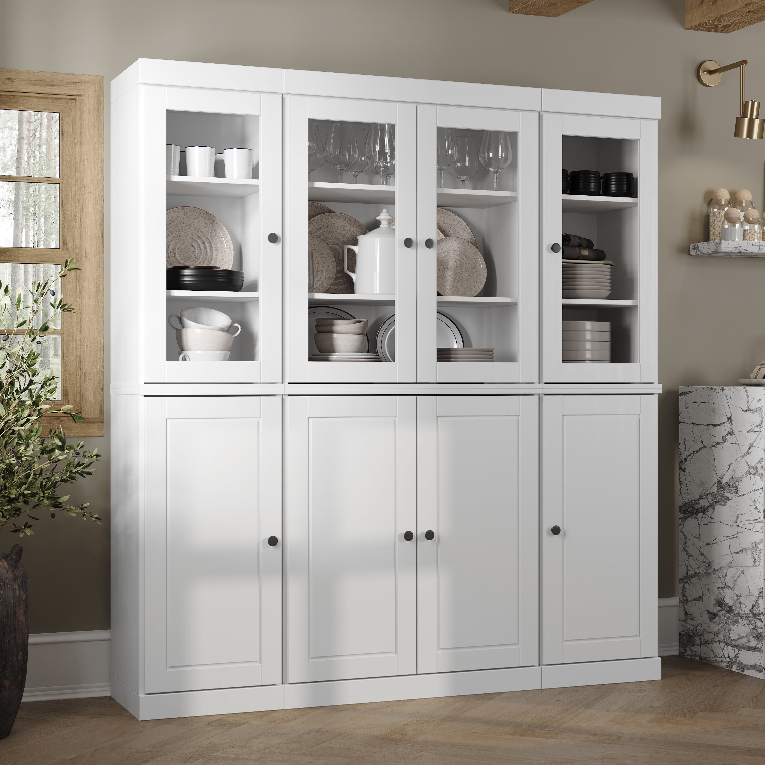 Palace Imports 100% Solid Wood Kitchen Pantry Storage Cabinet with Glass Doors and Adjustable Shelves, White