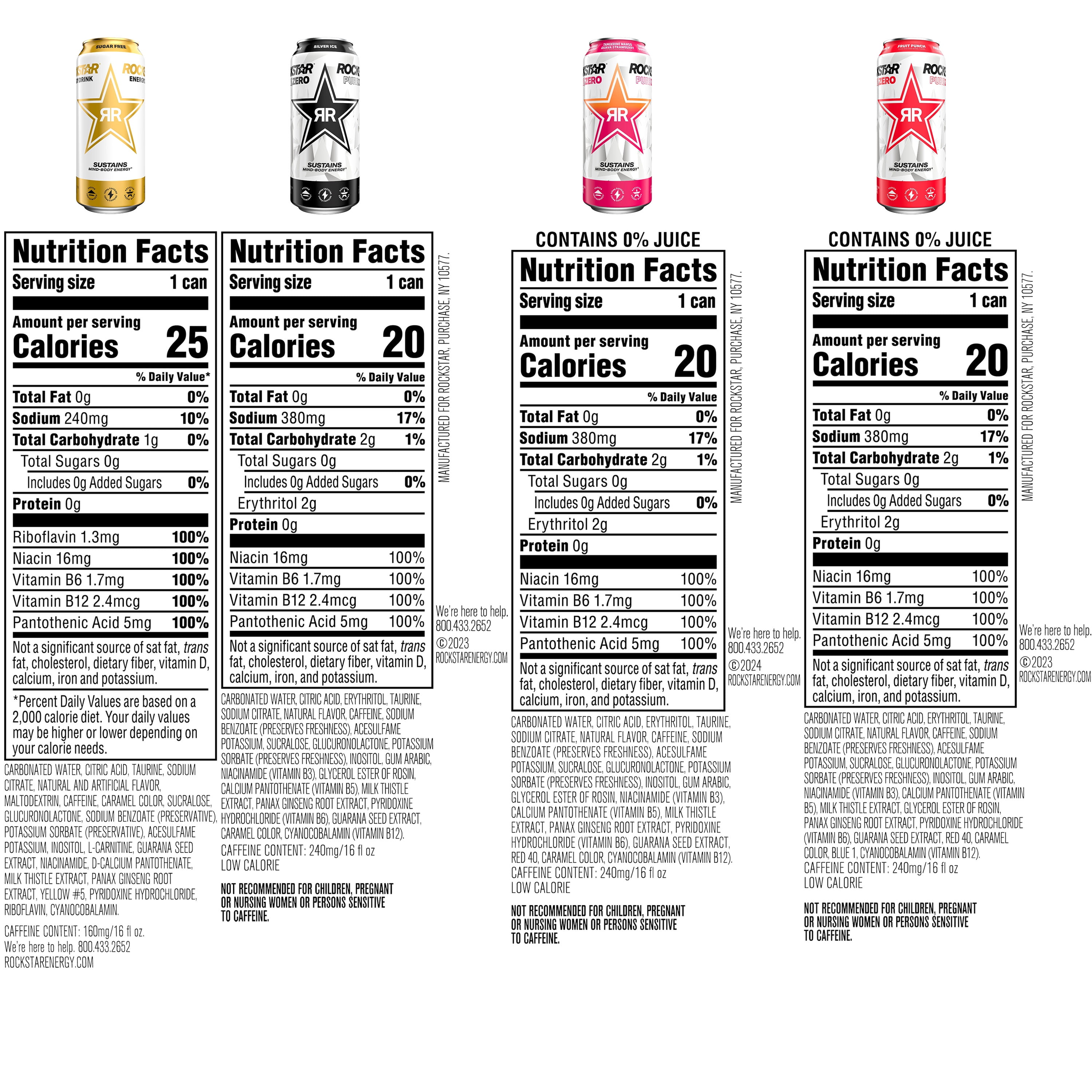 Rockstar Pure Zero 4 Flavor Variety Pack Energy Drink, 16 fl oz, 12 Pack Cans