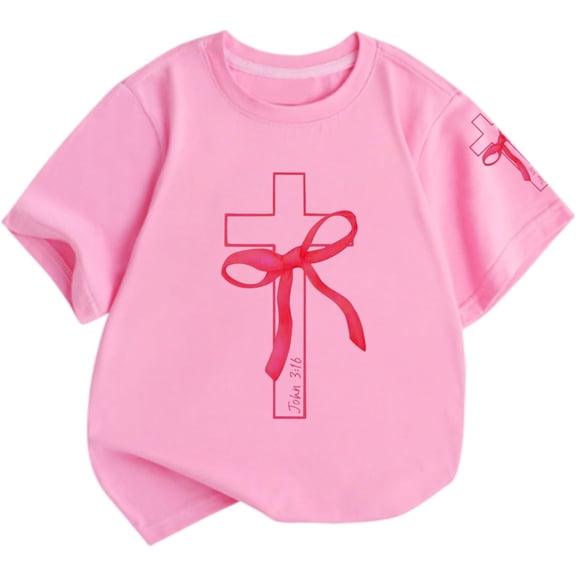 shoper Girls Cute Christian Shirts Kids Pink Bow Shirt Jesus God Faith Tshirts Verse Graphic Tee Tops (Pink)