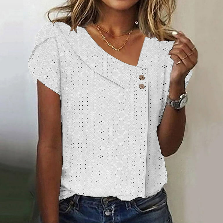 Women's Lace V-Neck Summer Top - Petal Short Sleeve Blouse For Business Casual & Casual Outings