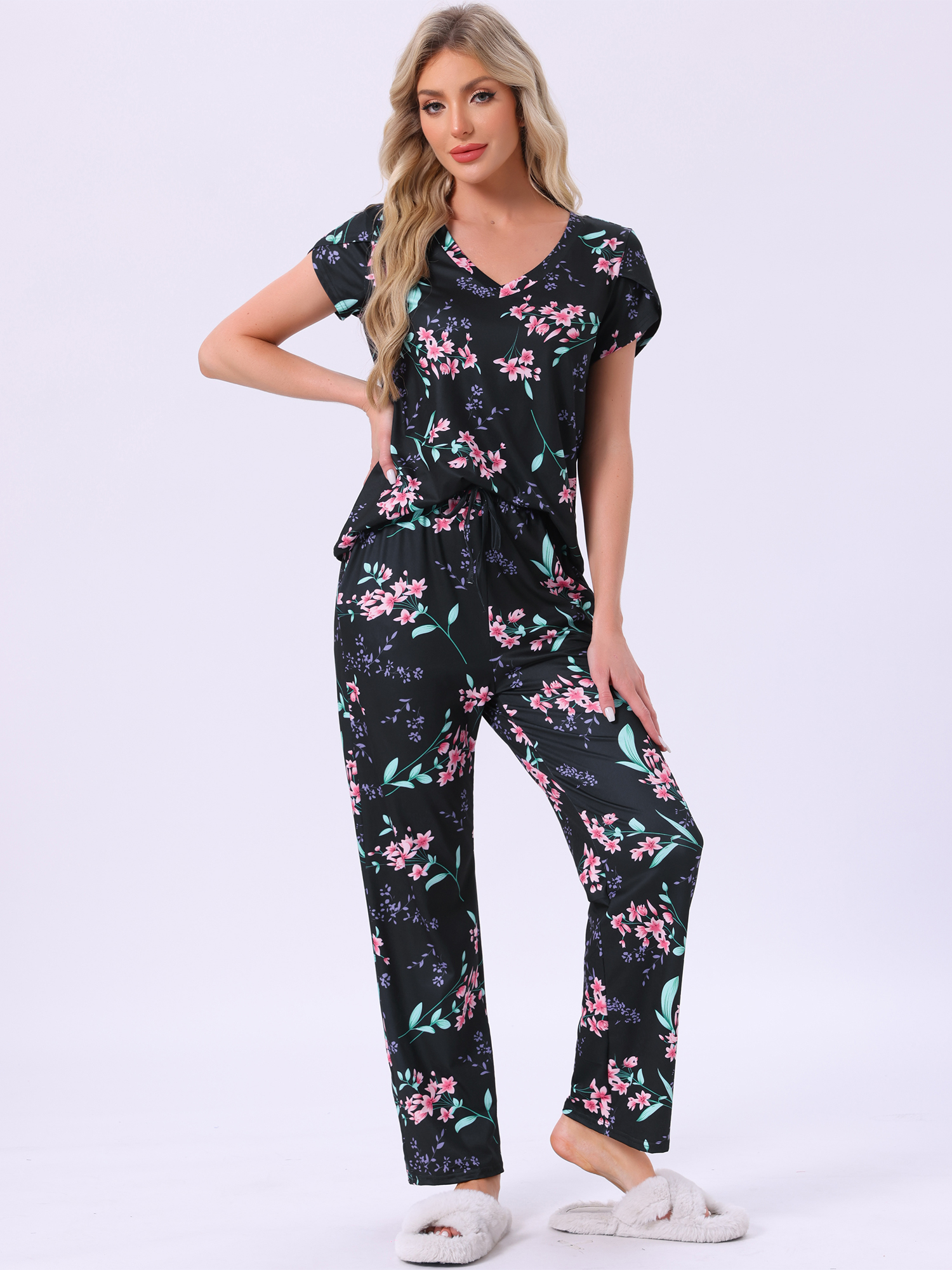 DARING DIVA Pajamas V Neck Top Drawstring Pants Sleepwear Lounge Sets XL Black Floral