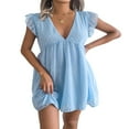 thumbnail image 2 of Femmes Casual Volant Manches V Cou Mini Robe d'Été en Vrac Flowy une Ligne Babydoll Robes Courtes Bleu Ciel L, 2 of 7