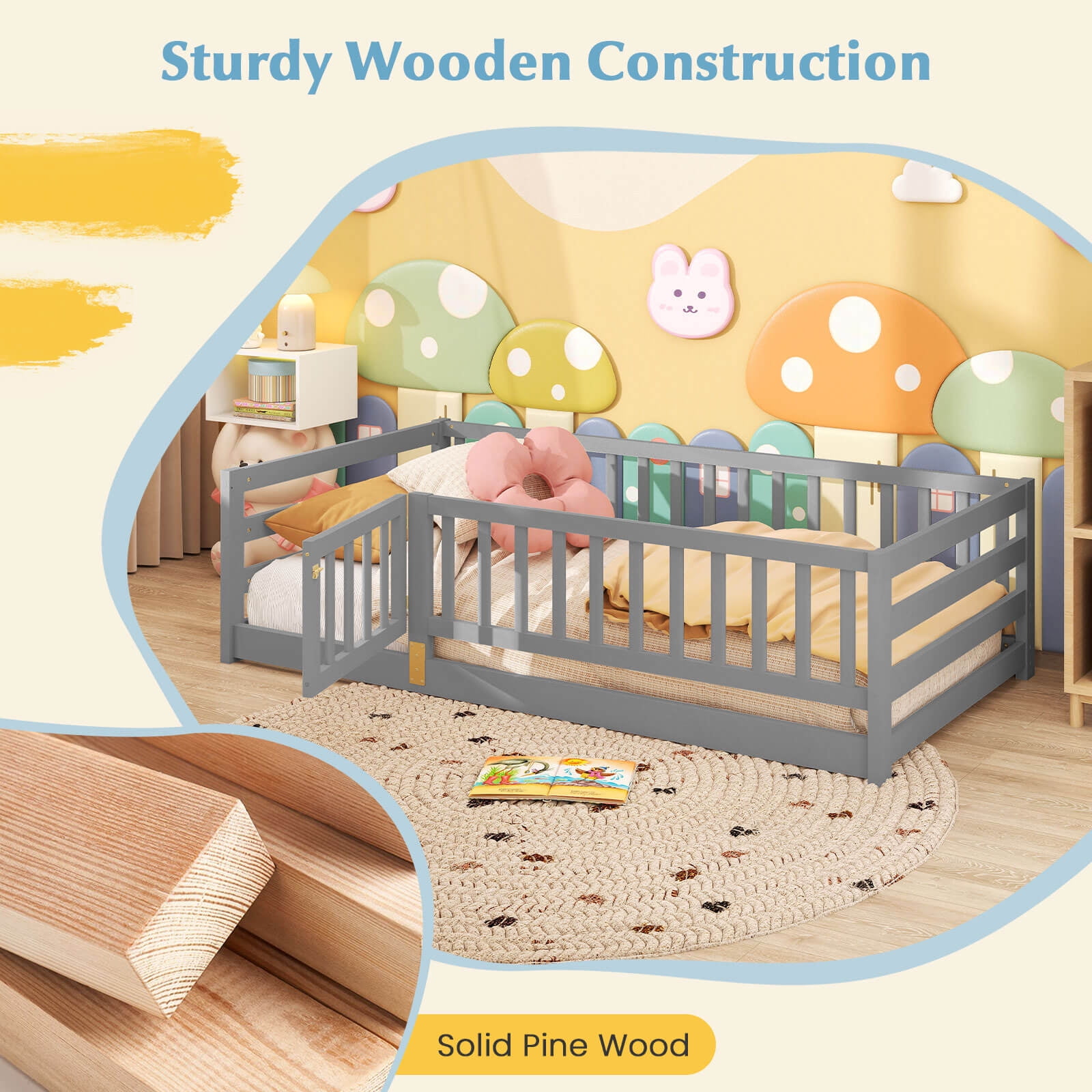 Infans Twin Size Floor Bed w/High Fence & Door Safety Guardrails Wood Floor Bed Frame