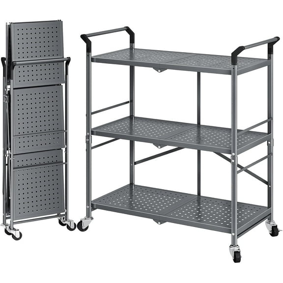 3 Tier Rolling Carts with Wheels - Metal Folding Utility Cart for Office Kitchen Garage, Grey