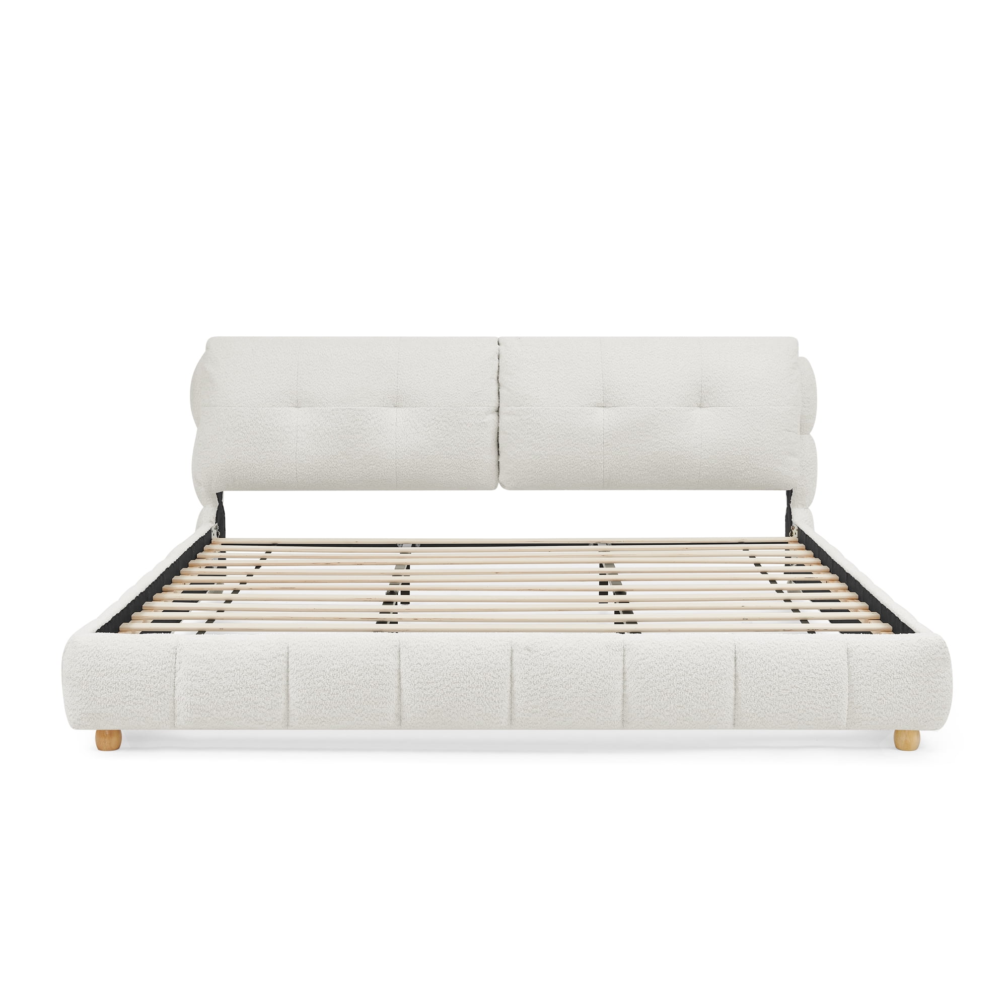 King Size Bouclé Fabric Platform Bed, Soft Cloud-Like Upholstered Frame, No Box Spring Needed