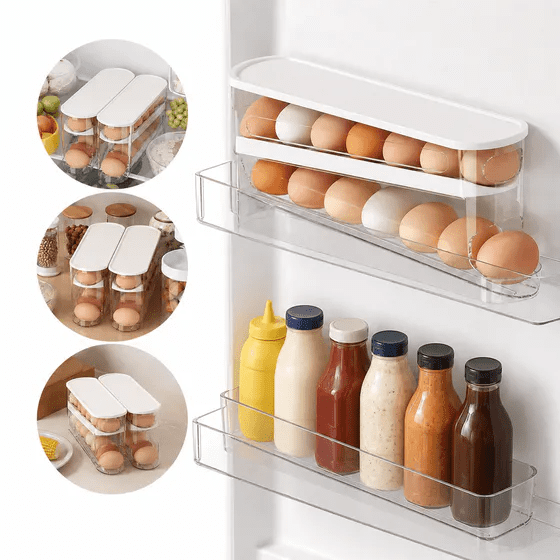 Auto Rolling Egg Dispenser for Refrigerator, Space Saving Vertical Fridge Egg Holder Container, Single Pack Egg Storage Organizer for Standard Size Eggs