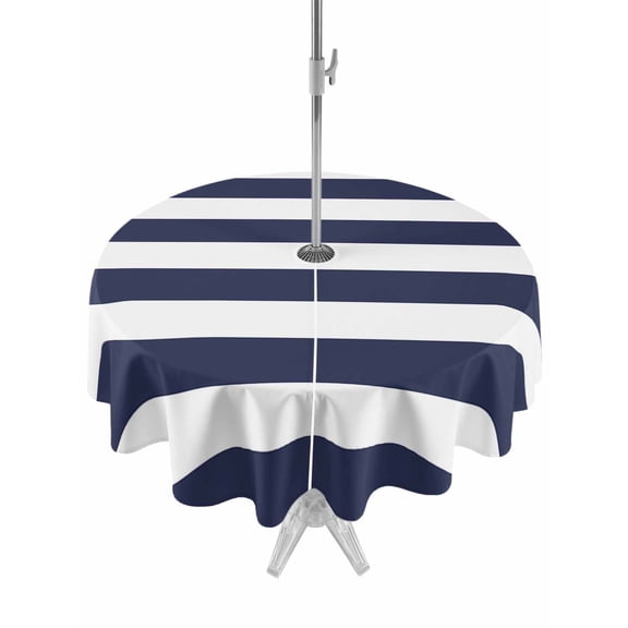 Outdoor Table Cloth with Umbrella Hole and Zipper, Blue Stripes Waterproof Round Tablecloth 54 Inch, Simple Blue White Texture Washable Table Cover for Outside Party Patio Picnic