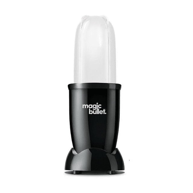 licuadora personal (procesador) nutribullet magic bullet mbr0401 negro, vista frontal centrada con base negra y vaso mezclador translúcido; logo "magic bullet" blanco en el frente, tapa abatible visible, diseñada para preparar batidos y proteínas en 10 segundos; también adecuada para salsas en porciones pequeñas.