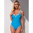 thumbnail image 3 of Women's Teal & Blue Two Piece Swimsuit – Knot Front Crop Top High Waisted Bottom, 3 of 6
