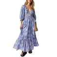 thumbnail image 1 of Faithtur Robe Bohème Florale pour Femmes Été Manches Mi-Longues Col en V Taille Froncée Robe Longue Fluide, 1 of 9