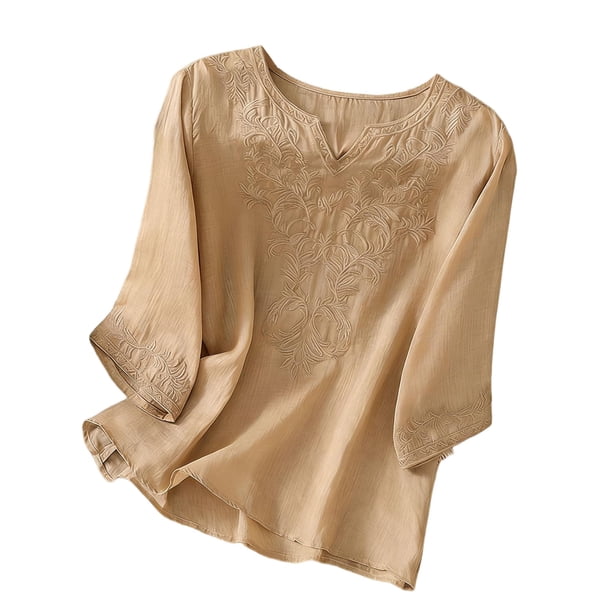 Tops de Lino para Mujeres Lino de Imitación Bordado Casual de Mediana Longitud con Cuello en V Manga Superior 3/4 para el Hogar Y el Uso Diario