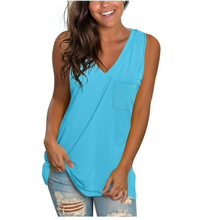 

SMihono Summer Tank Tops with Pocket for Women Sales V Neck Shirts Loose Fit Flowy Tunic Casual Blouse Stretch Classic Body Suits Trendy 2023 Sleeveless Tanks Seamless Solid Camis Blue 4