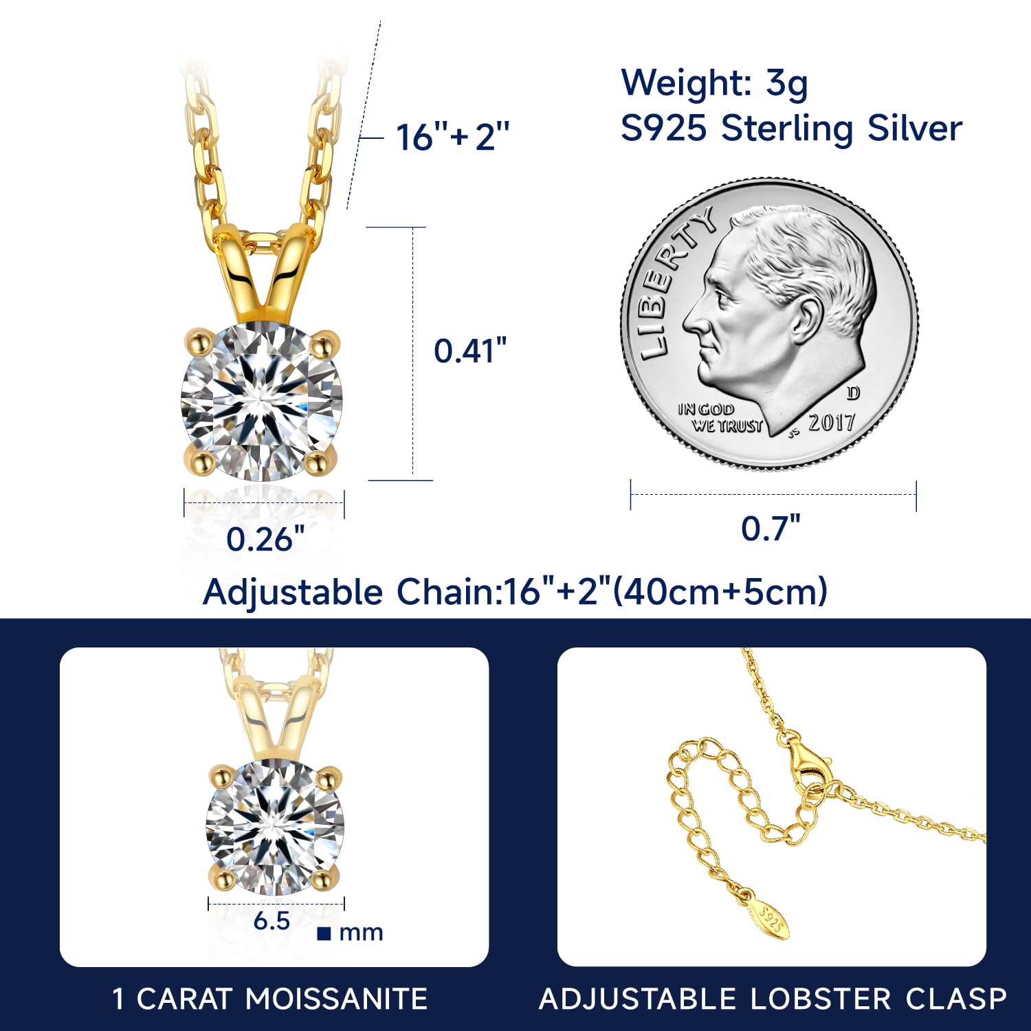 MomentWish 1 Carat Round Cut Lab Grown Diamond Solitaire Pendant Necklace 14K Gold Plated for Women