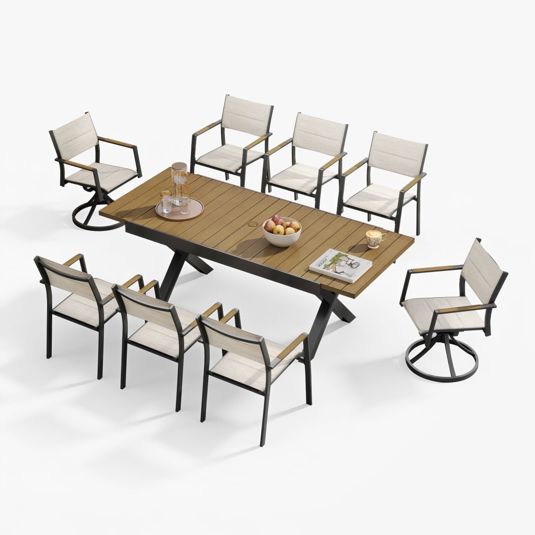 83" Expandable Outdoor Dining Table for 6-8 Person, Aluminum Sturdy Frame with Umbrella Hole, Limed Oak
