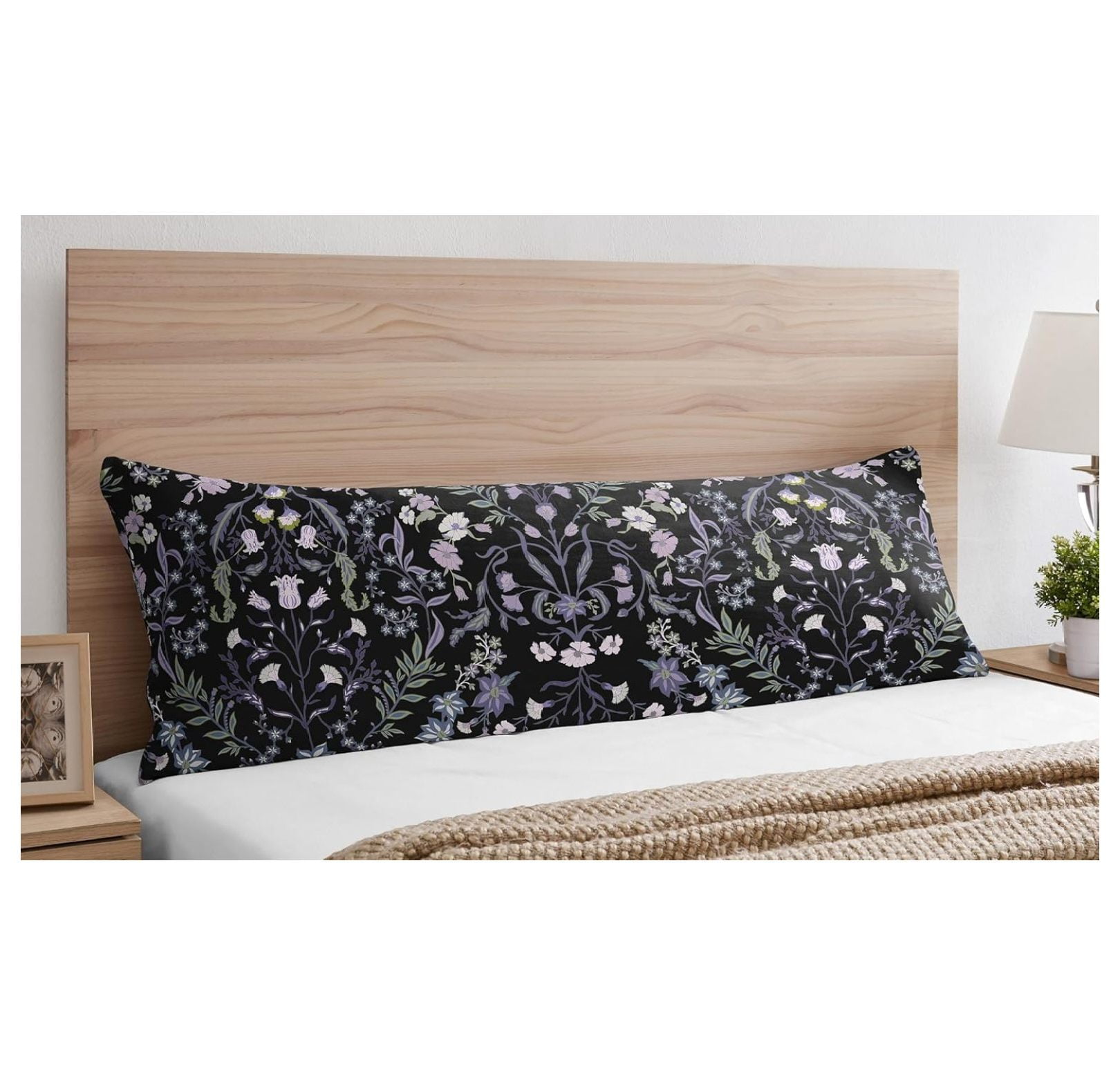 Black Purple Boho Wildflower Vintage Floral Girl Body Pillow Cover Case Decorative Accent Long Couch Bed Pregnancy Pillowcase 54x20 Lavender Bohemian Farmhouse Botanical Cottagecore