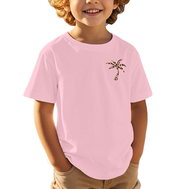 NINGMENG Juniors Garçons Chemises & Hauts Imprimé Cocotier Col Rond Mignon Manches Courtes Décontracté Sport Confortable Chandail Tee-Shirts Mode Urbaine, Rose, 12-13 Ans