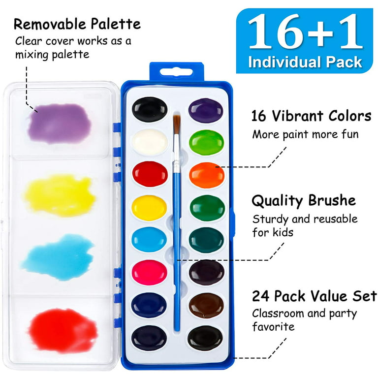 Mini Watercolor Kids Paint Set - (Bulk Pack of 24) - 5 Watercolor Paints,  Palette Tray and Painting Brush, for Art Party Favors, Kids Prizes,  Stocking
